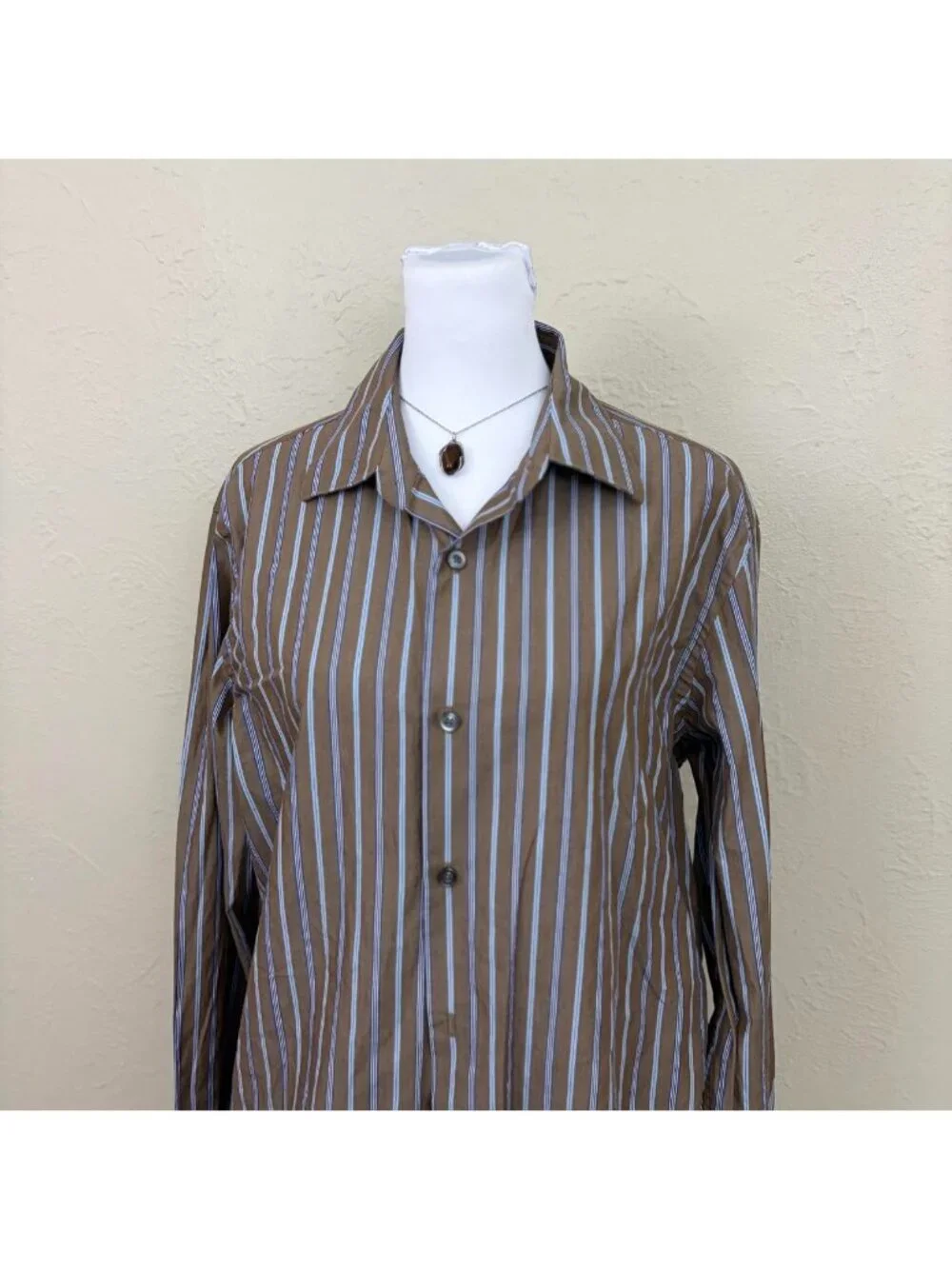 brown blue pinstripe alt emo grunge button down shirt